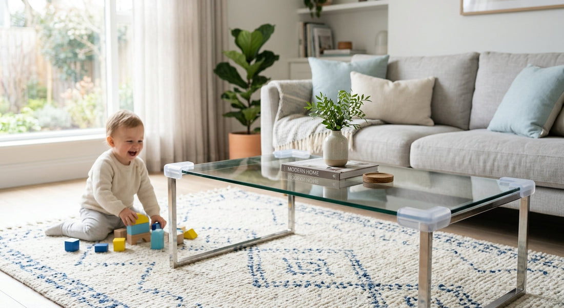 Protections angles transparentes installees sur une table basse en verre | Securidou