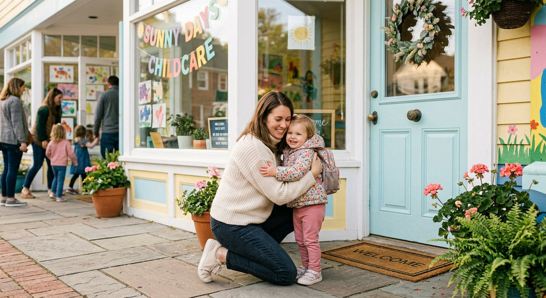 Parent reconfortant son enfant devant l entree d une creche | Securidou