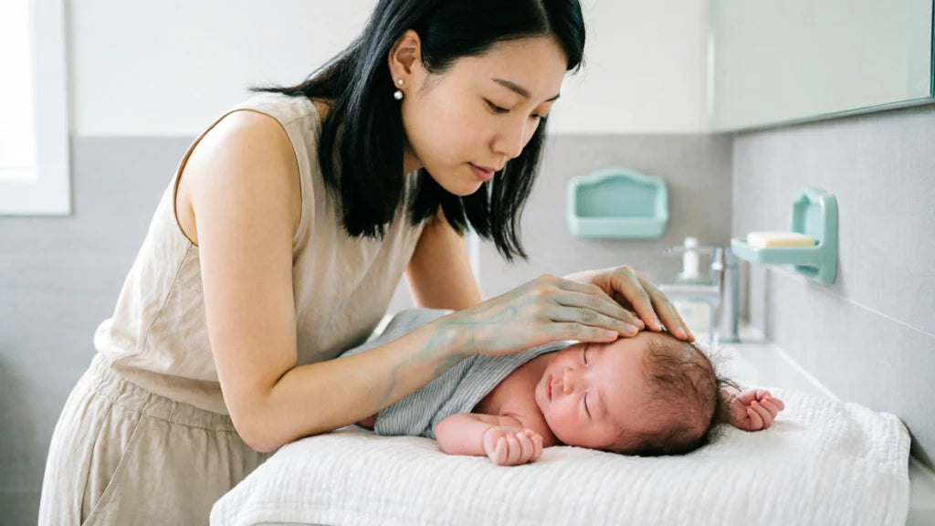 Parent massant délicatement le cuir chevelu de son bébé avec une huile douce après le bain | Securidou