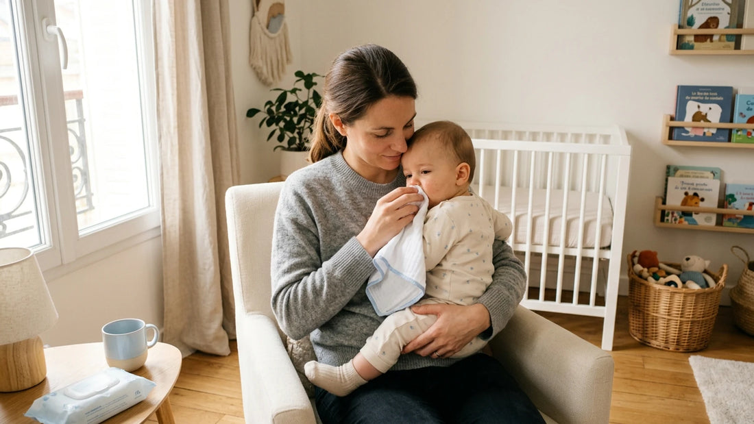 Maman réconforte son bébé au nez qui coule, le tenant dans un fauteuil lumineux.
