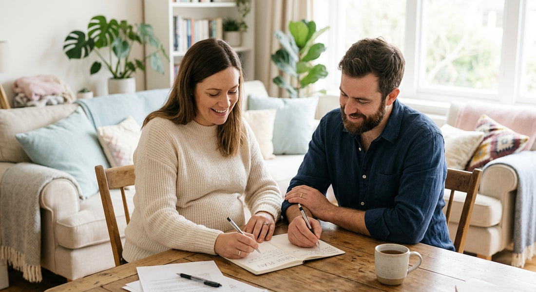 Couple souriant rédigeant leur plan de naissance sur une table en bois, dans un salon lumineux.