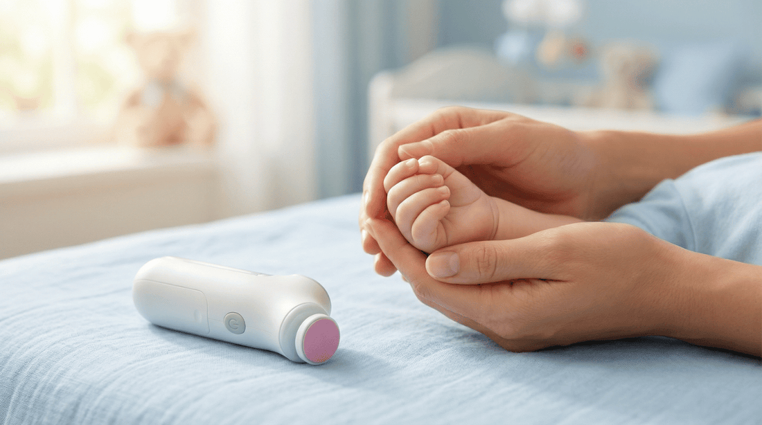 Lime à ongles électrique bébé posée près de la main d'un nourrisson — guide d'achat Securidou 2026