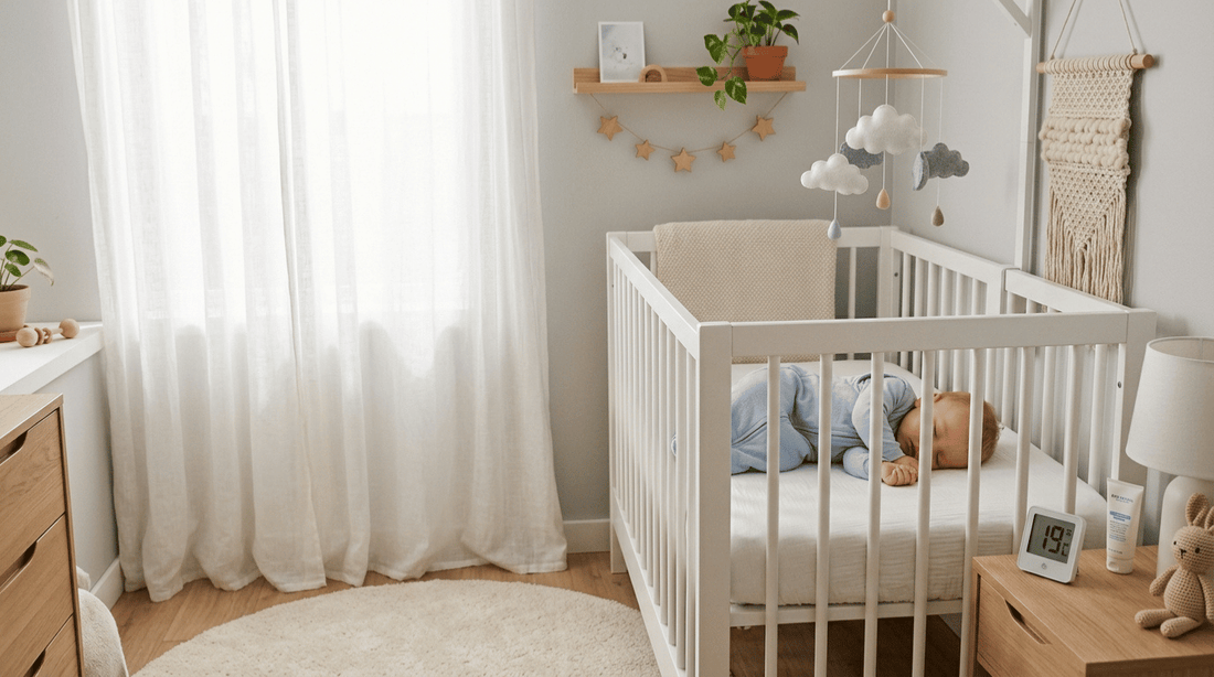 Bébé dort paisiblement dans son lit à barreaux, gigoteuse et thermomètre indiquant 19°C.