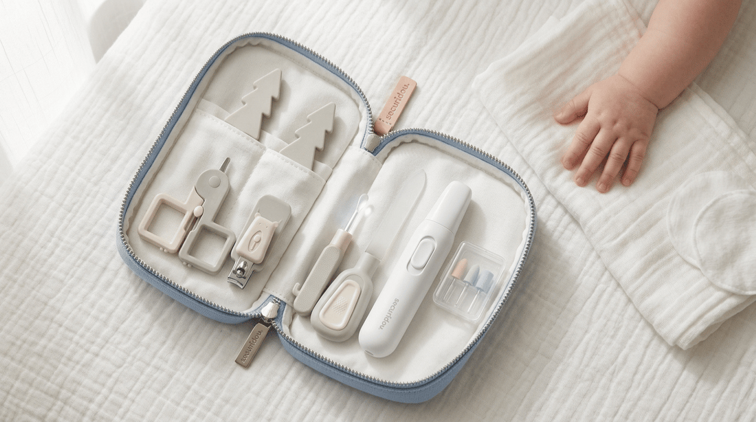 Kit manucure bébé complet ouvert : lime électrique, ciseaux à bouts ronds, coupe-ongles nourrisson et pochette de rangement