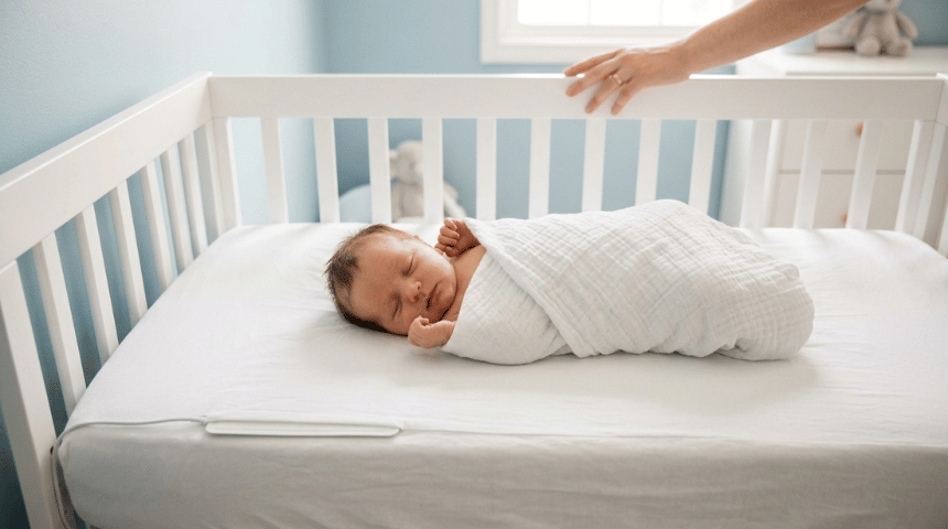 Bébé dormant paisiblement dans son lit avec un moniteur respiratoire sous le matelas — surveillance respiratio | Securidou