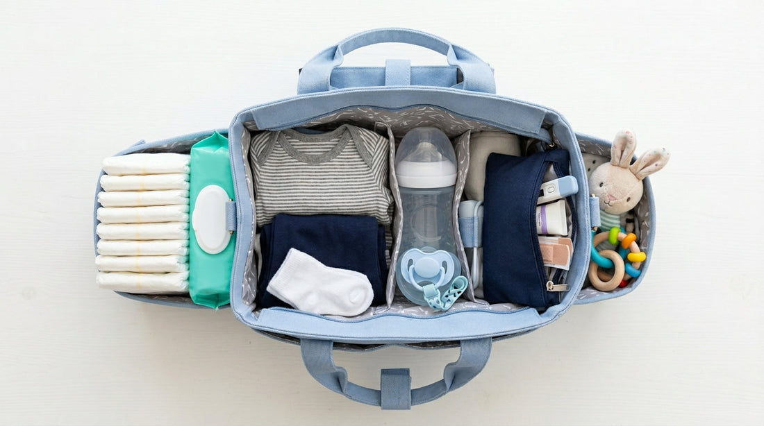 Sac à langer bleu pastel ouvert en vue du dessus avec essentiels bébé organisés : couches, lingettes, biberon, | Securidou