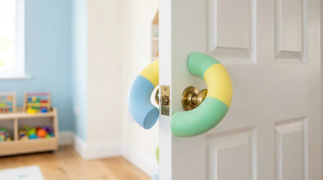 Bloque-porte en mousse installe sur une porte pour empecher un bébé de se pincer les doigts | Securidou