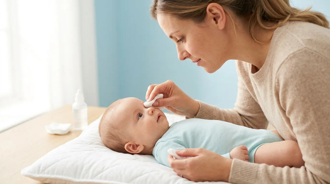 Parent nettoyant délicatement l'œil de son bébé avec une compresse et du sérum physiologique