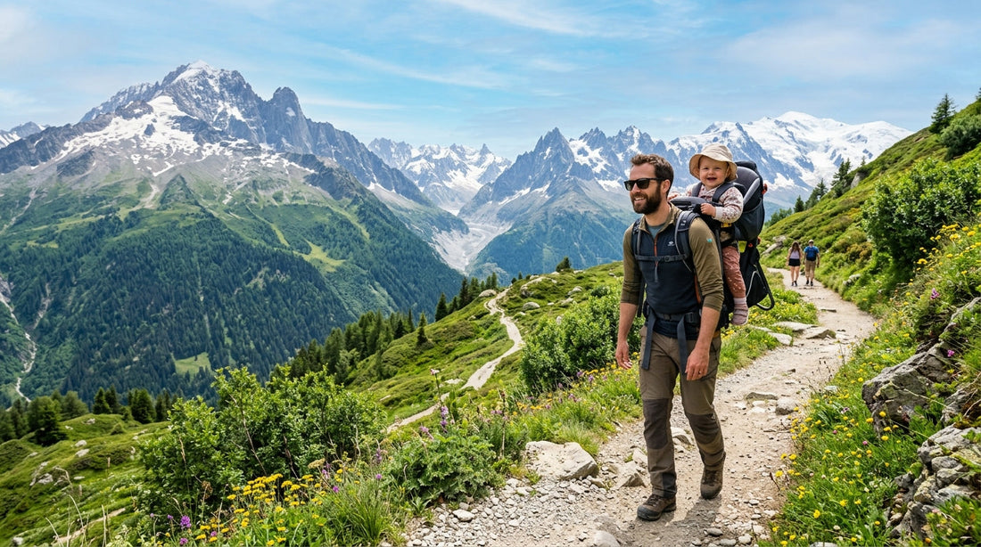 Père en randonnée montagne avec bébé dans un porte-bébé dorsal de randonnée sous un ciel bleu ensoleillé | Securidou
