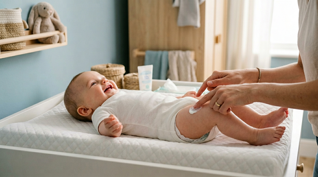 Mains de parent appliquant une crème protectrice lors du change de bébé sur une table à langer | Securidou