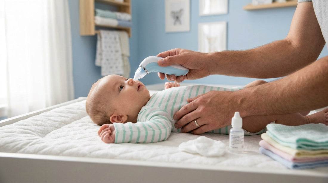 Mains tenant un mouche-bébé électrique à côté d'un bébé calme allongé sur une table à langer avec accessoires | Securidou