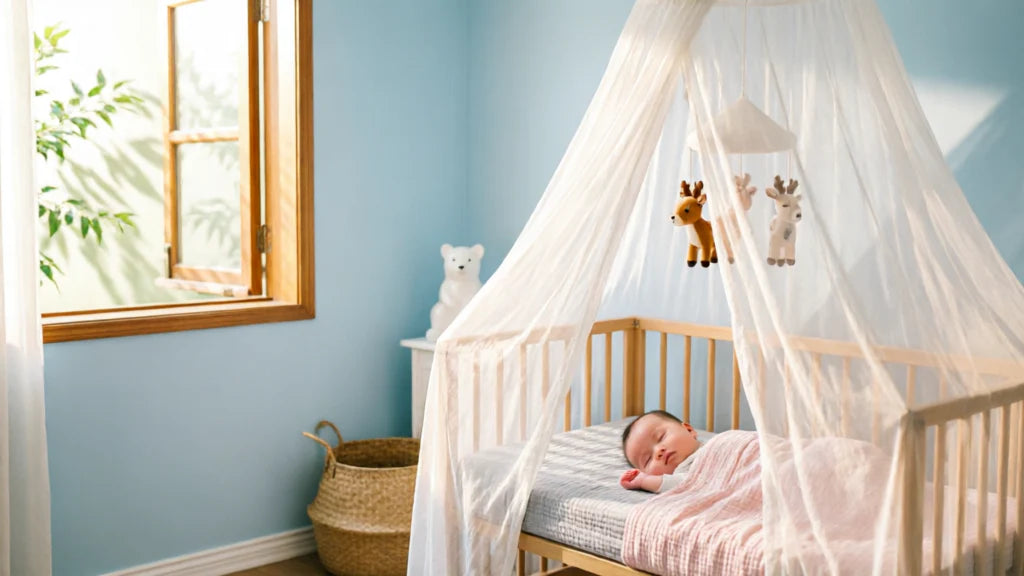 Moustiquaire installée au-dessus du berceau de bébé pour le protéger des piqûres | Securidou