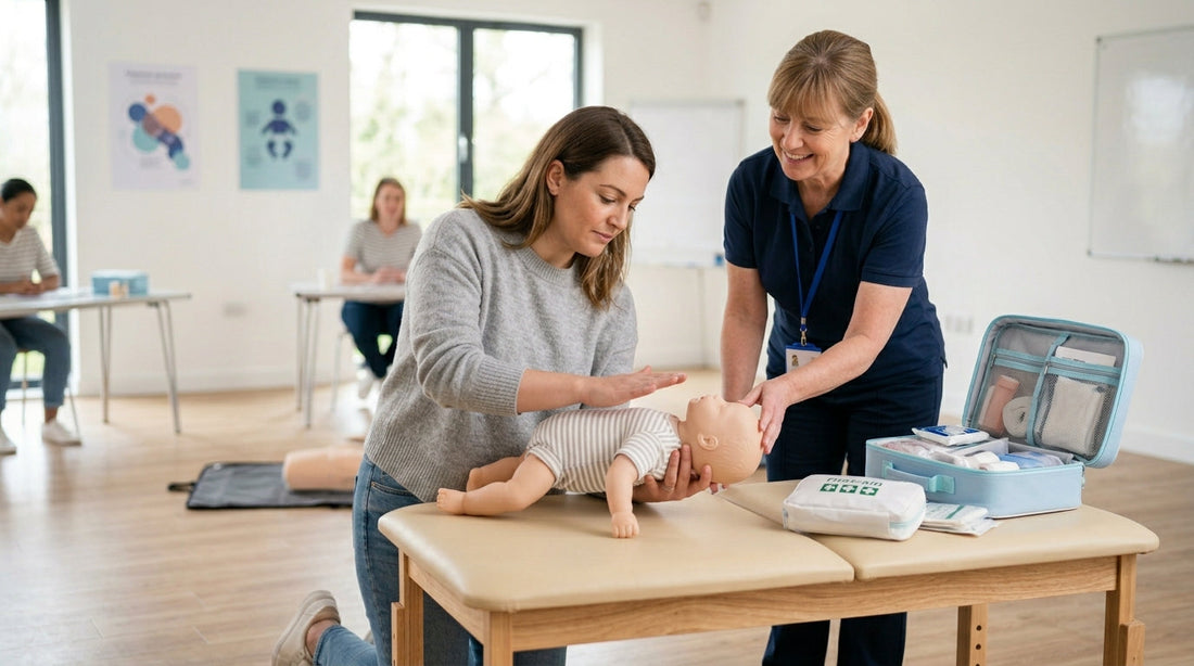 Parent pratiquant les claques dorsales sur un mannequin bébé lors d'une formation premiers secours étouffement | Securidou