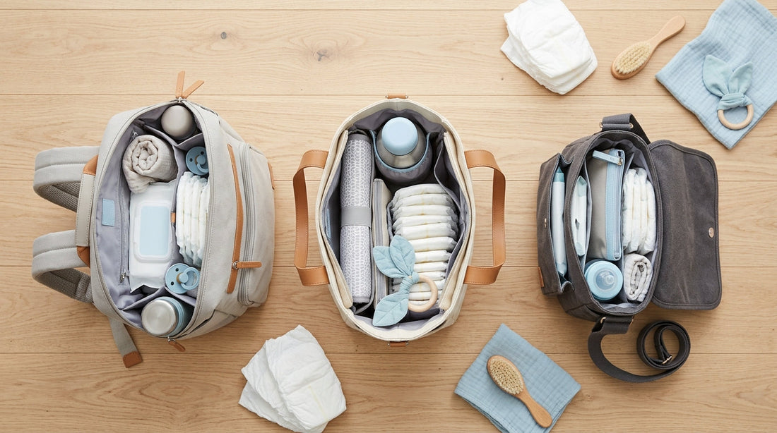 Comparatif trois sacs à langer : sac à dos, cabas et bandoulière ouverts sur une surface en bois avec accents | Securidou