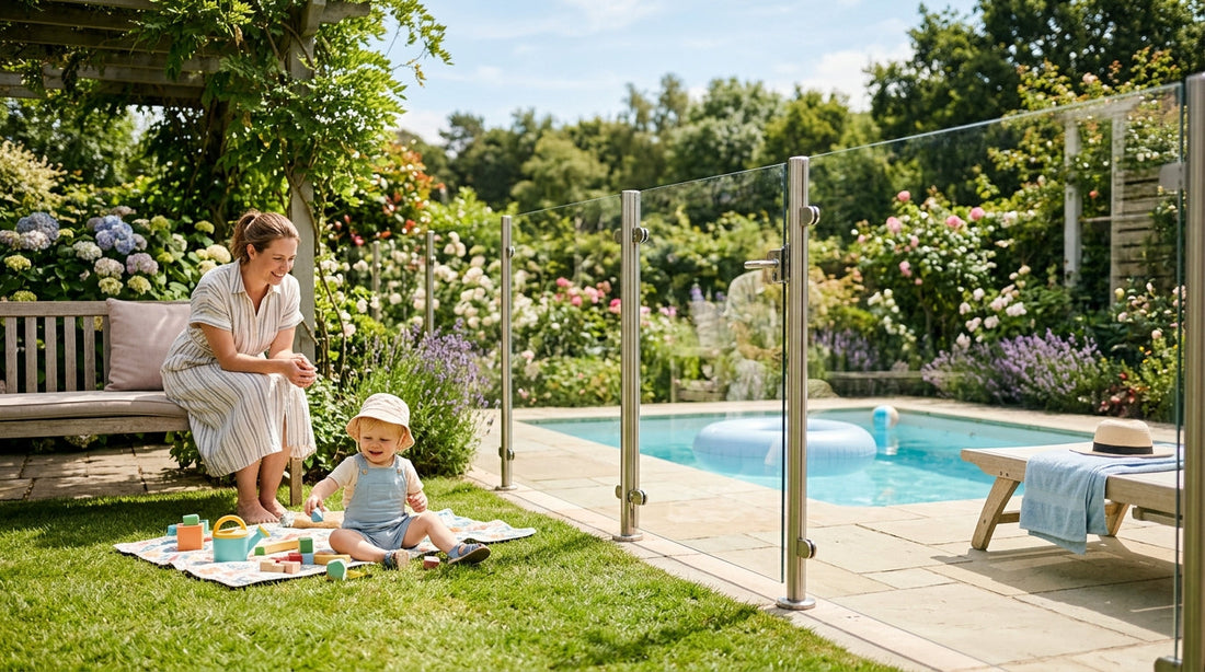 Jeune enfant jouant en sécurité sur la pelouse devant une barrière de piscine transparente