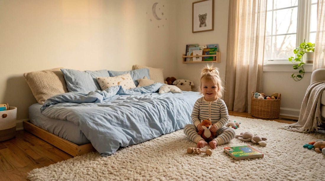 Bambin assis sur un tapis moelleux à côté d'un lit Montessori bas avec couverture bleu pastel pour prévenir le | Securidou