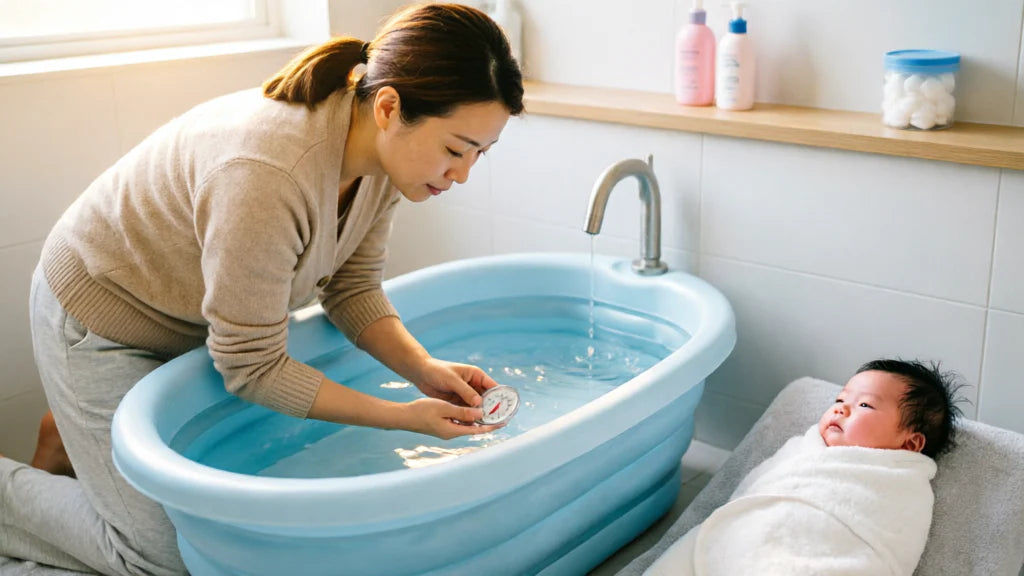 Parent vérifiant la température de l eau du bain de bébé avec un thermomètre flottant | Securidou