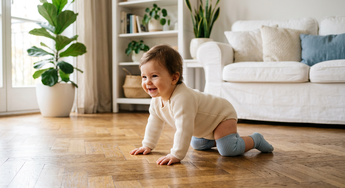 Bébé rampant avec genouilleres de protection sur parquet | Securidou