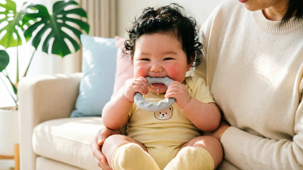 Bébé mâchonnant un anneau de dentition réfrigéré en silicone sans BPA | Securidou