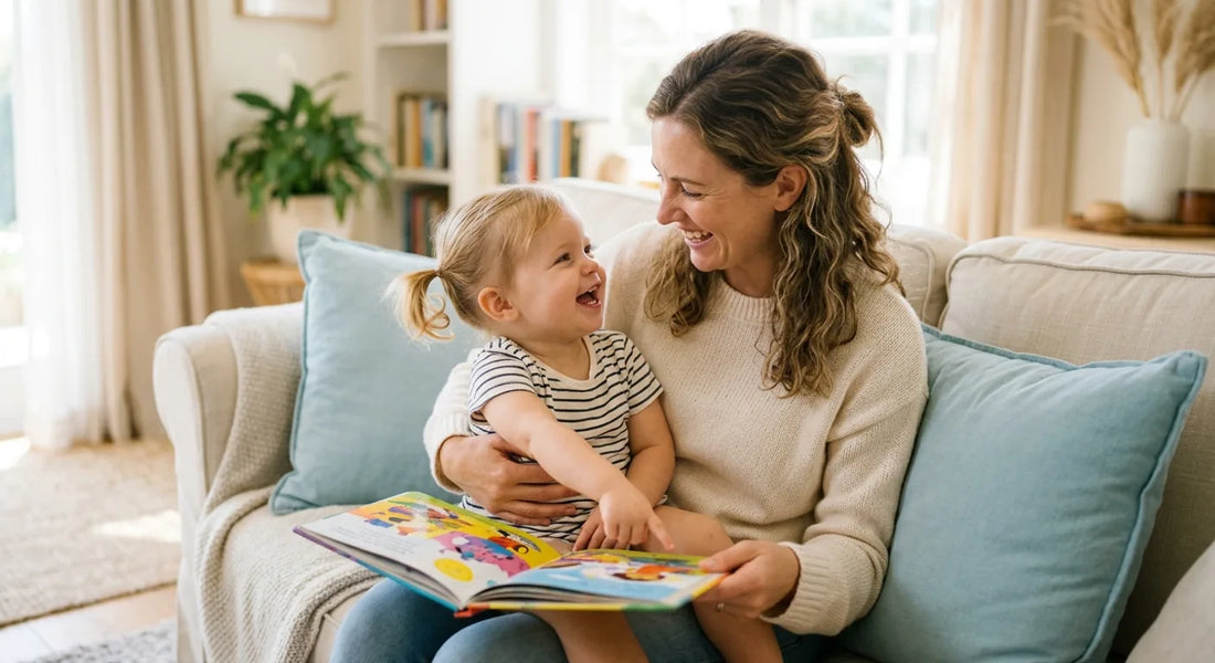 Parent lisant un livre d'images à son tout-petit qui pointe la page et babille