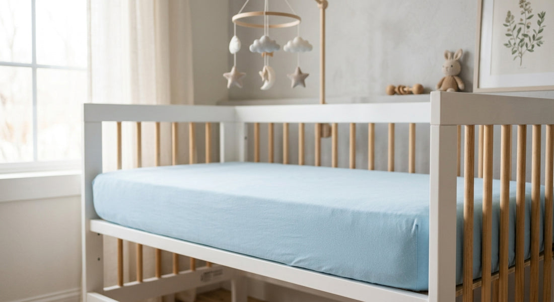 Drap-housse en coton bio bien tendu sur un matelas de lit bébé