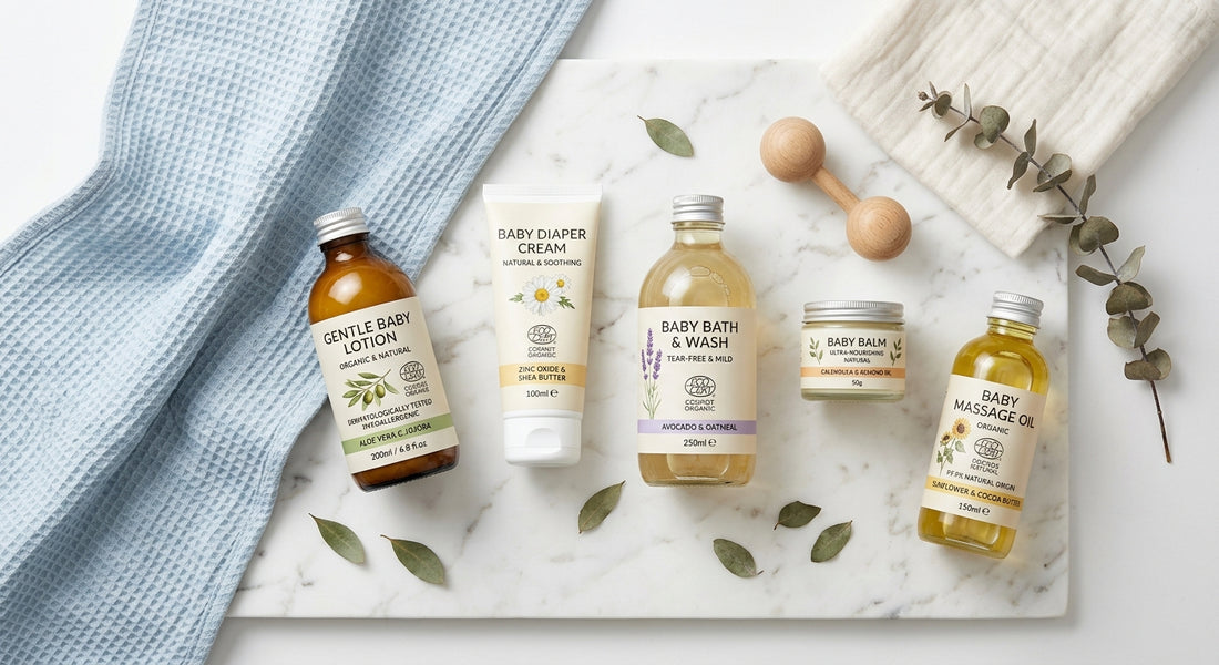 Produits de soin bébé bio avec labels Ecocert et Cosmebio