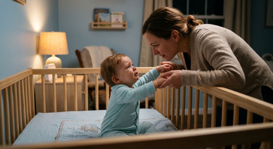 Bébé de 9 mois tendant les bras vers son parent depuis son lit