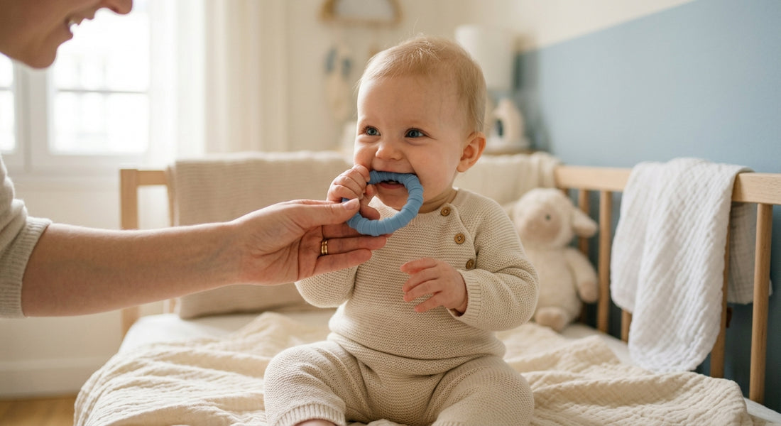 Bébé soulagé par un anneau de dentition, alternative sûre au collier d’ambre — Securidou