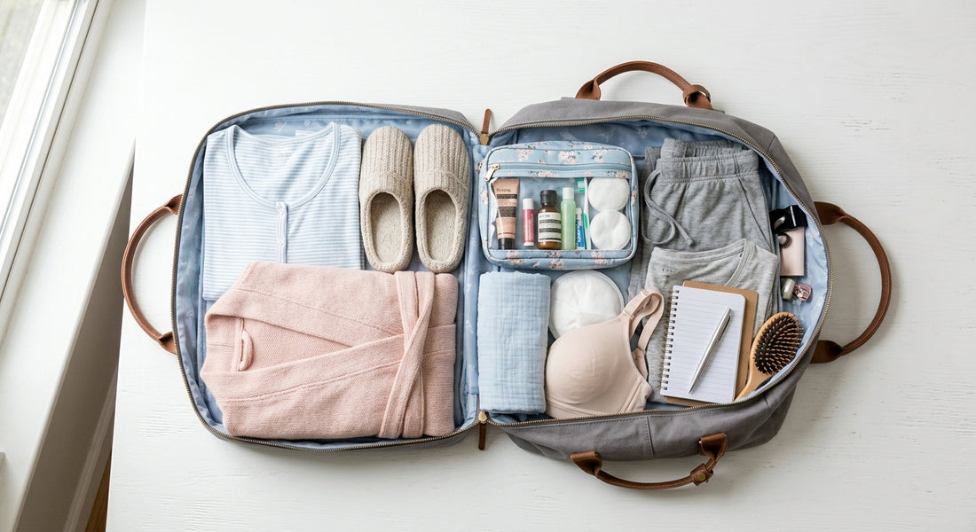 Valise de maternite ouverte avec les affaires de maman