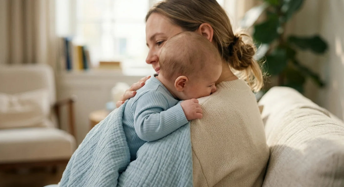 Parent câlinant tendrement son bébé contre son épaule pour le rassurer