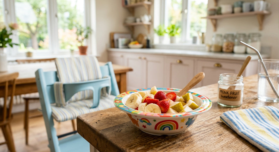 Fruits frais coupes dans un bol colore pour bébé en alternative au sucre