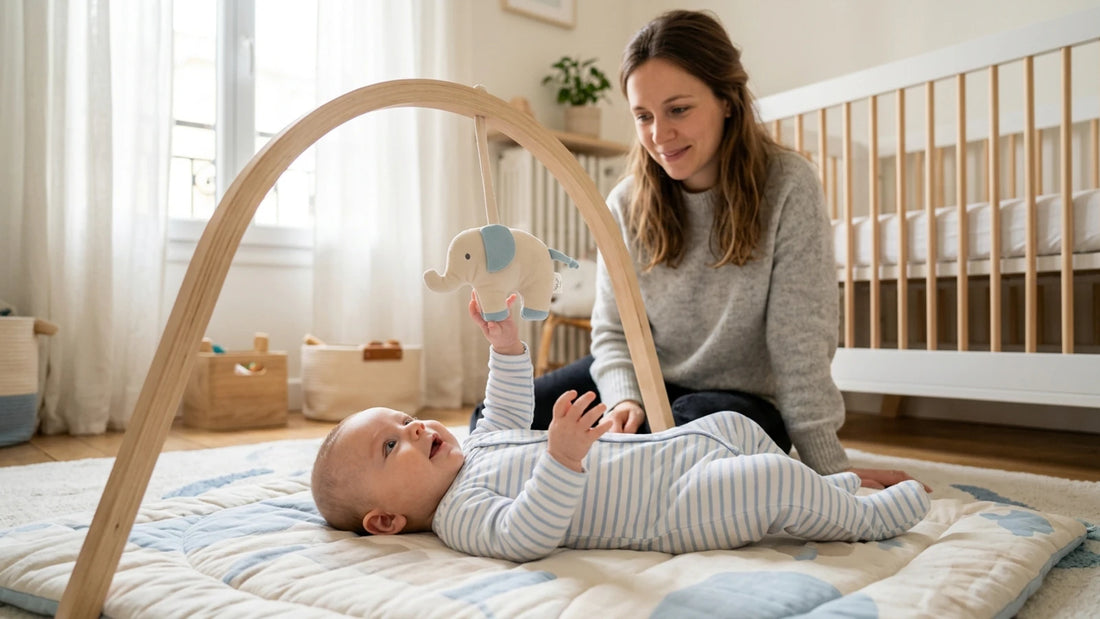 Mère et bébé de 2 mois jouent avec un mobile éléphant, ambiance douce et lumineuse.