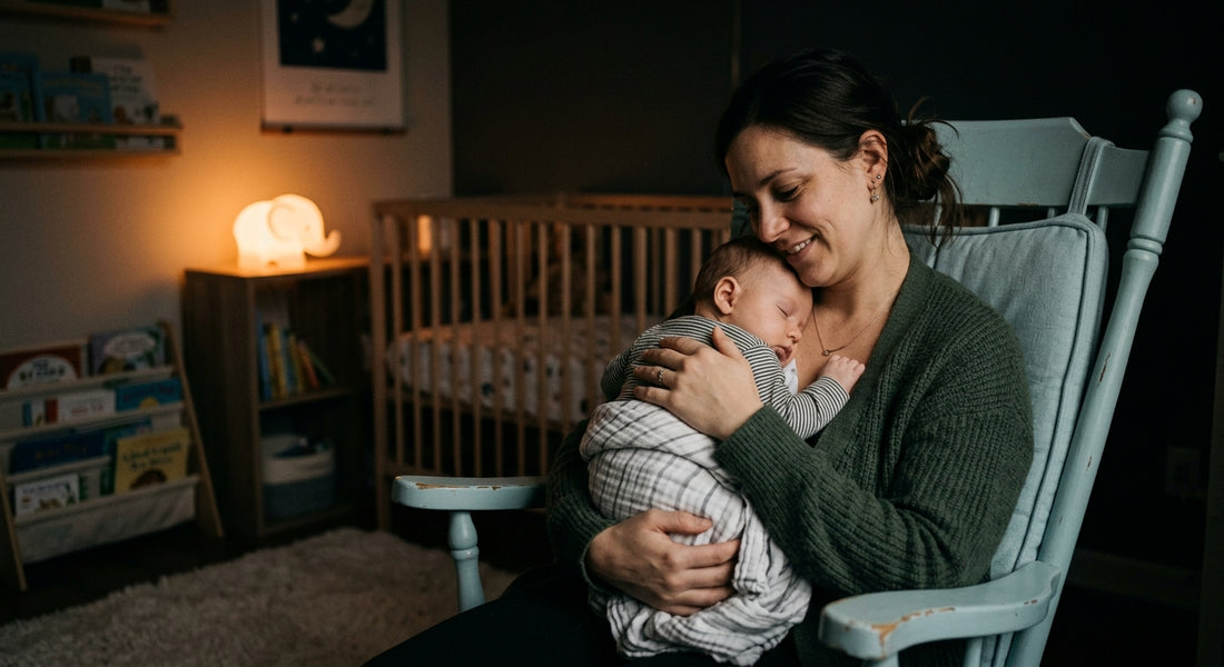 Parent fatigue reconfortant son bébé la nuit dans une chambre tamisee