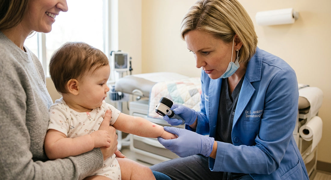 Dermatologue examinant une petite tache rouge sur la peau de bébé