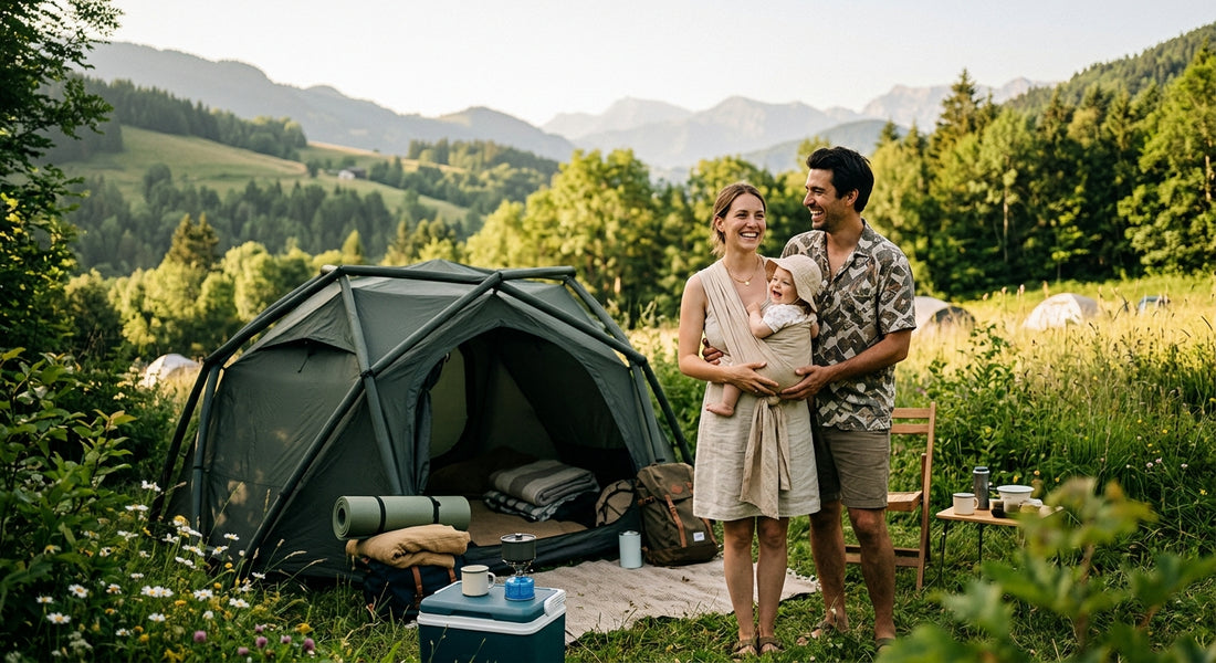 Famille avec bébé devant une tente dans un camping verdoyant — Securidou