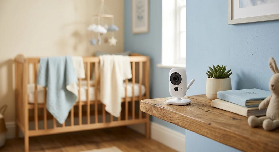 Caméra de babyphone vidéo posée sur une étagère face au lit, dans une chambre de bébé lumineuse