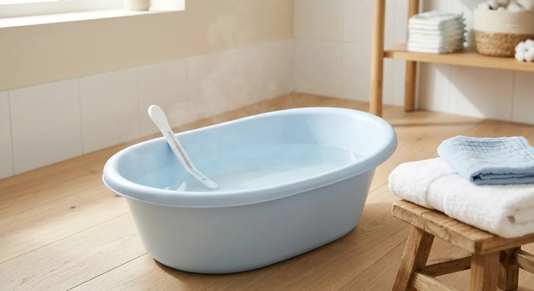 Baignoire de bébé remplie d'eau claire avec un thermomètre de bain plongé pour vérifier la température