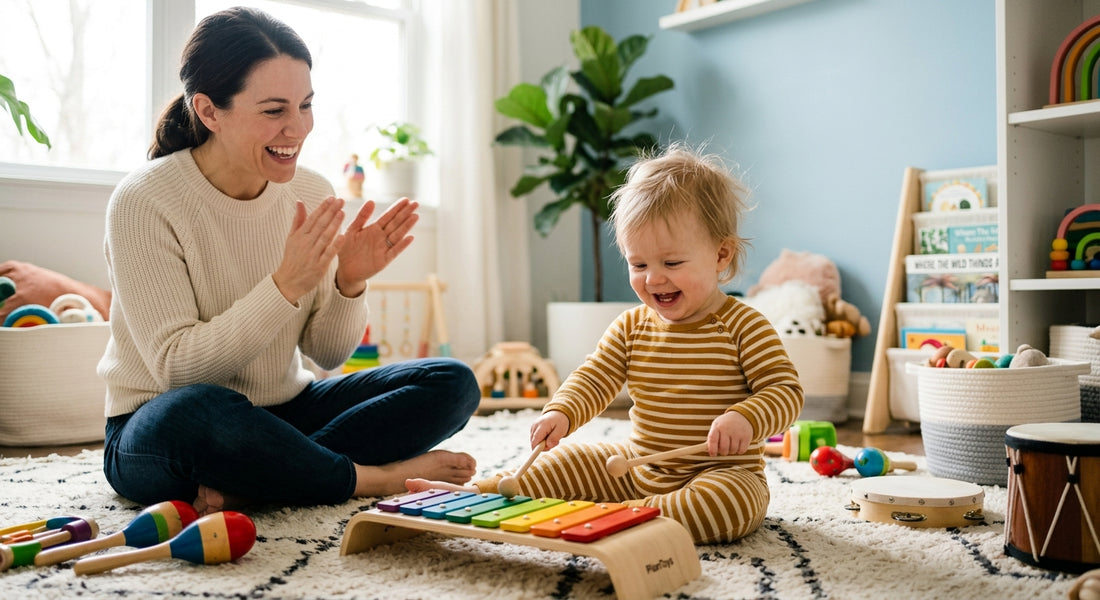 Bébé tapant joyeusement sur un petit xylophone en bois colore — Securidou