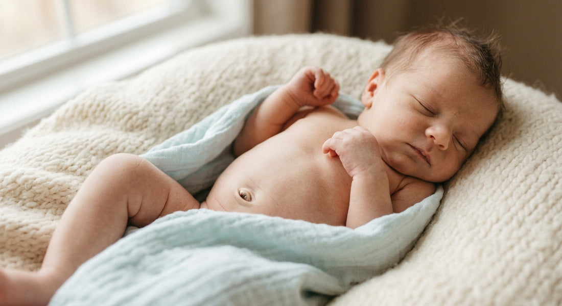 Bébé allongé sur le dos montrant un petit renflement ombilical au niveau du nombril