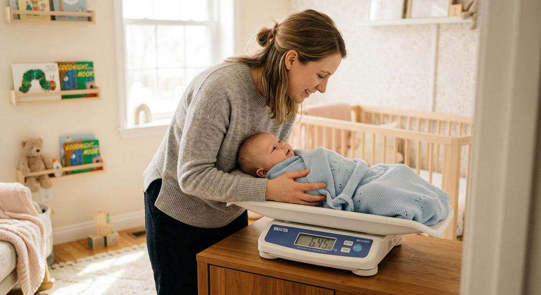 Parent pesant son bébé sur une balance pédiatrique pour suivre la courbe de poids