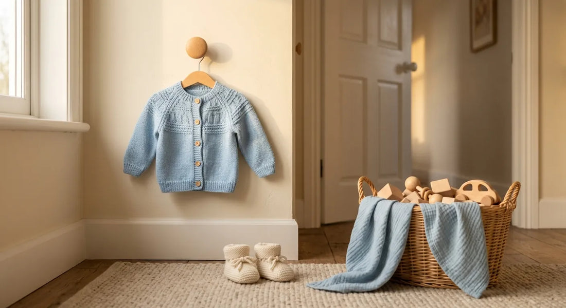 Gilet bleu pastel suspendu près d'une porte entrouverte, chaussons en laine et panier de jouets en bois