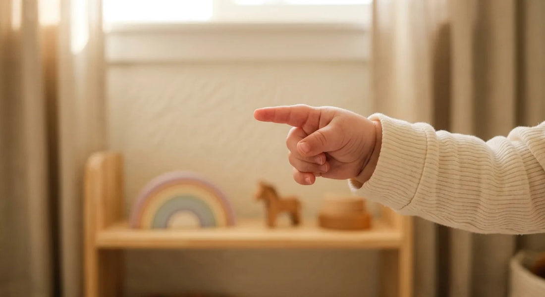 Main de bébé d'environ 12 mois pointant l'index vers un objet à distance dans une chambre claire