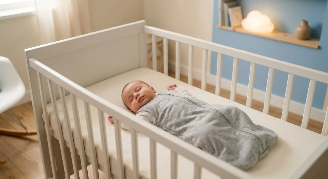 Bébé endormi sur le dos dans son lit, une veilleuse douce posée à distance dans la chambre