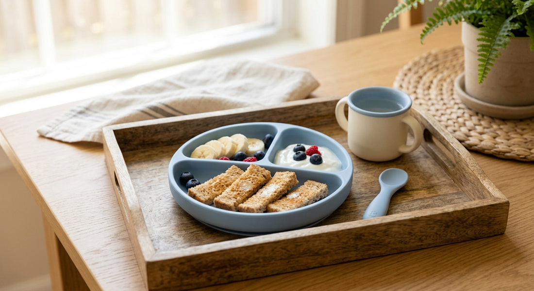 Petit-déjeuner sain pour bébé : plateau bois avec assiette compartimentée, fruits, yaourt, toasts et tasse.