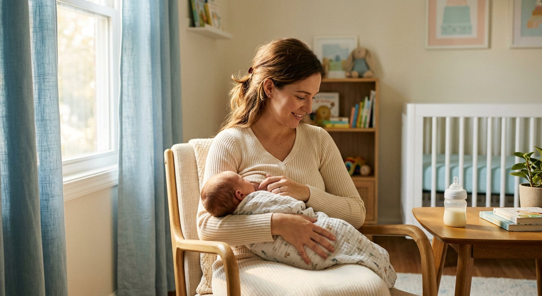 Mere allaitant son bébé dans un fauteuil avec un biberon a cote — Securidou