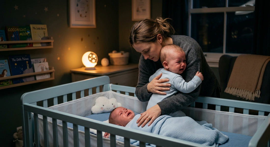 Parent reconfortant un bébé qui pleure la nuit dans une chambre tamisee | Securidou
