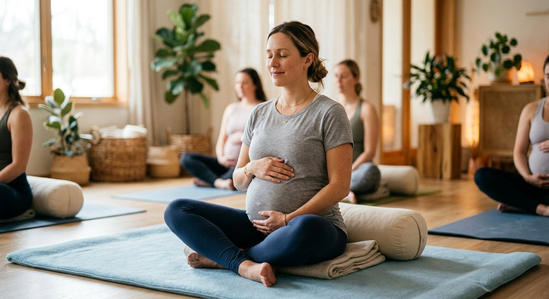 Femmes enceintes méditant en cercle sur des tapis de yoga, la main sur leur ventre.