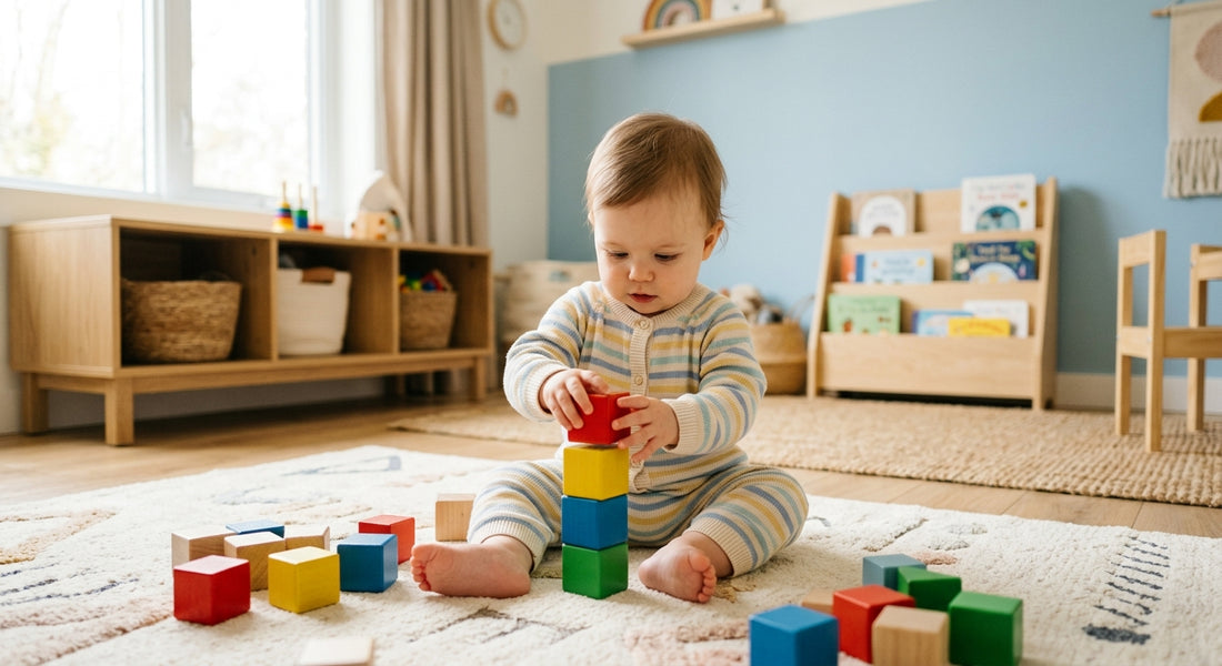 Bébé concentre empilant des cubes en bois colores sur un tapis — Securidou