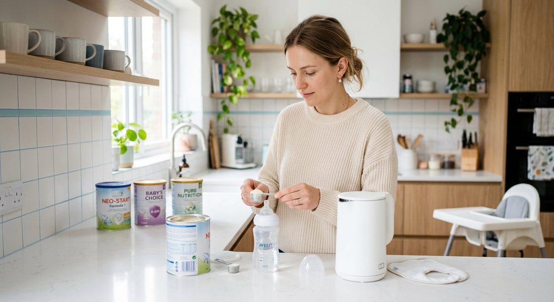 Parent preparant un biberon de lait infantile sur un plan de travail — Securidou