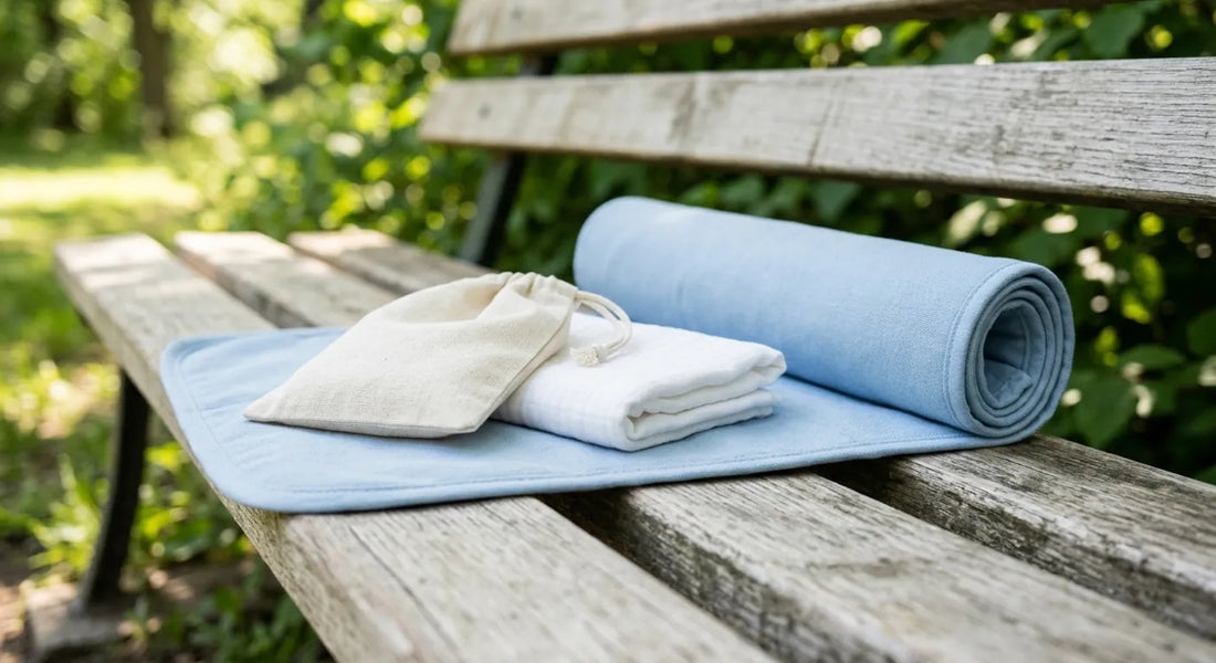Tapis à langer nomade déroulé sur un banc en bois, isolant le linge de la surface publique